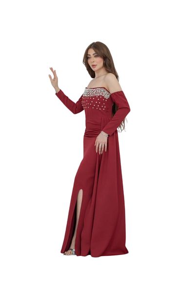 Nice Model Burgundy Off Shoulder Evening Gown Crystal Embellished Formal Dress Long Sleeve Party Wear Women