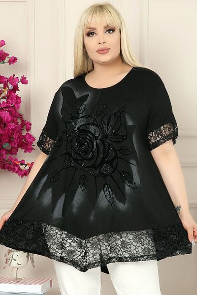 Kheos Tunic with Lace Skirt and Cuffs, Flock Printed Rose Motif