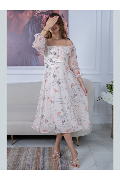 Nice Model فستان ميدي أنيق مكشوف الكتفين بأكمام طويلة مزين بالورود، مناسب لضي...