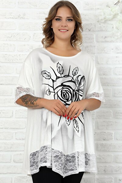 dekordünyası Μπλούζα με δαντέλα φούστα και μανσέτες, Flock printed Rose Motif