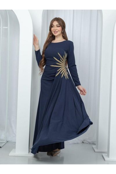 Nice Model Navy Blue Long Sleeve Maxi Dress with Gold Embroidery - Elegant Evening Formal Gown Plus Size