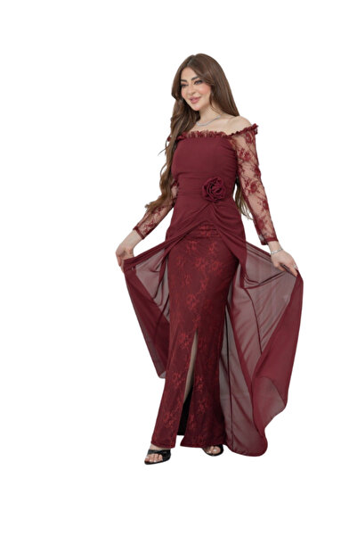 Nice Model فستان سهرة أنيق من الدانتيل مكشوف الكتفين بأكمام طويلة، فستان رسمي...