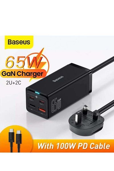 Baseus 65W GaN3 PD Wall Charger, 4 Ports (2 USB-C + 2 USB-A) Fast Charging with 5ft AC Cable