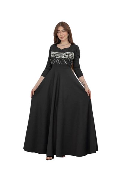 Nice Model Black Pearl Embroidered Maxi Dress Long Sleeve Formal Evening Gown Party Wear Plus Size Women