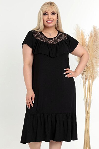 Kheos Short Sleeve Evening Dress with Lace and Ruffle Detail on the Collar