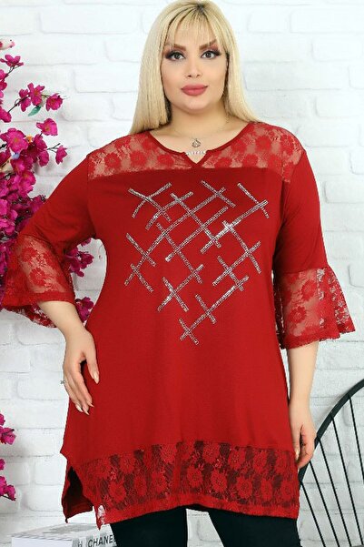 Kheos Lace Detailed V-Neck Front Stone Printed Short Sleeve Slit Blouse