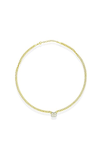 Missus 925 Ayar Gümüş Gurmetli Kare Baget Tek Taş Kalın Zincir Kolye Altın Ka...