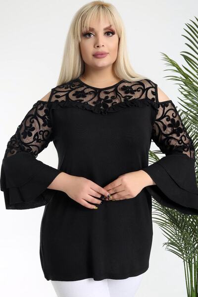 Kheos Κομψή μπλούζα με λεπτομέρεια από τούλι με στάμπα με ισπανικό μανίκι