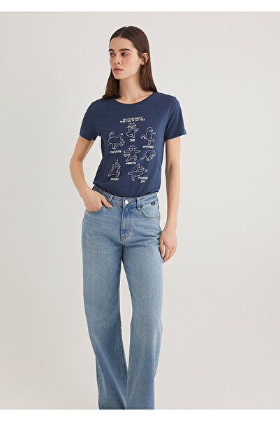 Mavi Μπλουζάκι με στάμπα Cat Navy Blue Slim Fit 1612205 -70487