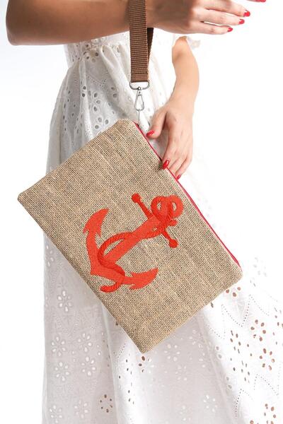 Mubiano Summer Women's Jute Straw Fabric Anchor Clutch & Portfolio Bag - Msly...