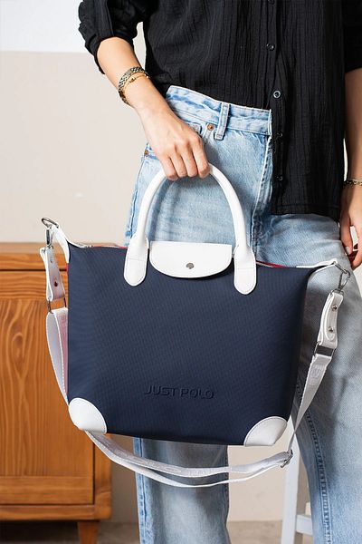 Just Polo Women's Red Navy Blue Large Size Lacost Fabric Hand and Shoulder Bag P346037Mh