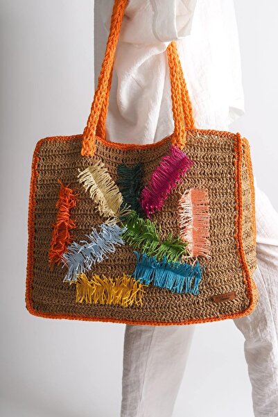 Mubiano Літня сумка з довгими ручками з рафії, помаранчева, для щоденного вик...