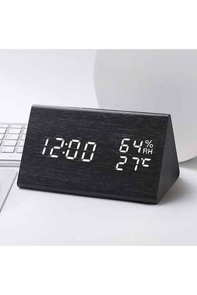 Generic Voice-controlled Temperature And Humidity Wooden Clock Triangle Electronic Digital Clock Alarm Clock