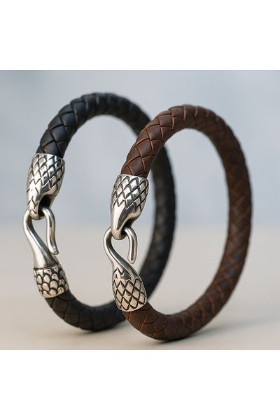 voyageaccessory Men's Leather Bracelet and Snake Chain Necklace Set /Snake Chain with Gift