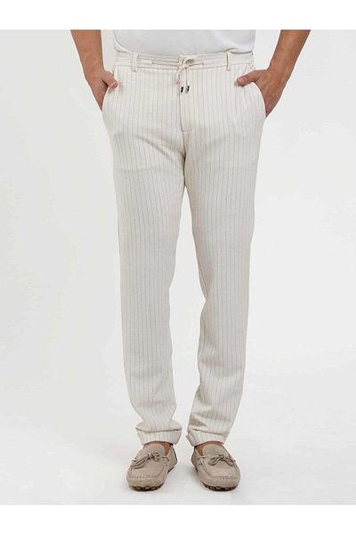 Dufy Men's Slim Fit Ecru Striped Seersucker Patterned Pants -104448