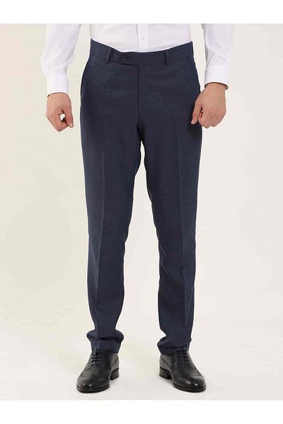 Dufy Navy Blue Men's Slim Fit Melange Patterned Classic Trousers - 97641