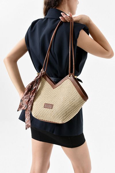 Mercan Tan Straw Women's Shoulder Strap Bag with Zipper and Leopard Scarf Detail