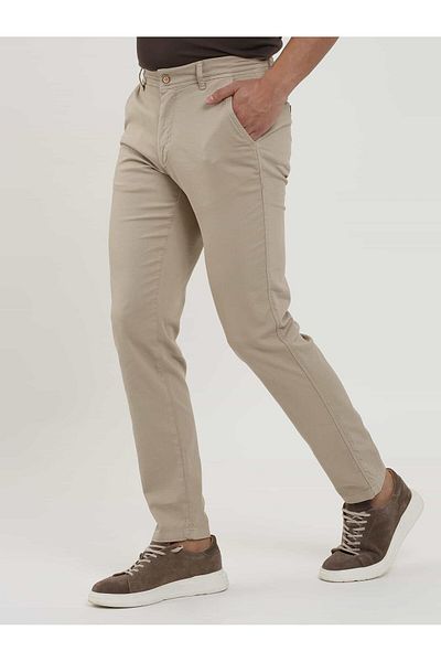 Dufy Men's Slim Fit Cream Casual Trousers - Honeycomb Pattern, Model103204