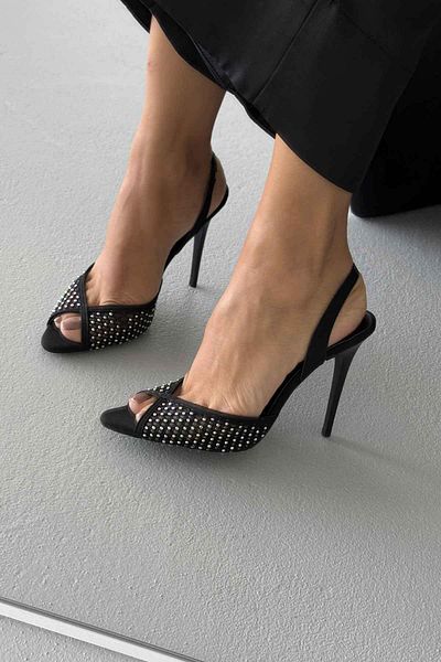 AYAKKABI PRENSİ Arlo Stone Detailed Thin Heel 10 cm Black Matte Satin Heeled Shoes
