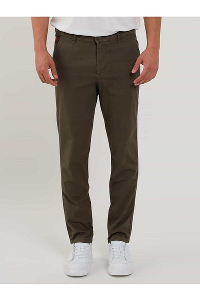 Dufy Men's Khaki Slim Fit Honeycomb Patterned Casual Pants - 103212