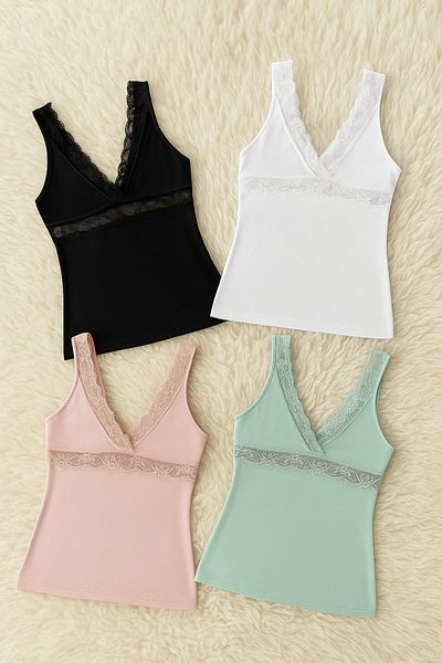 QKK Women's Modal Cotton Lycra Lace Detailed Strap 4-Piece Undershirt Q6K6K0T7Ka