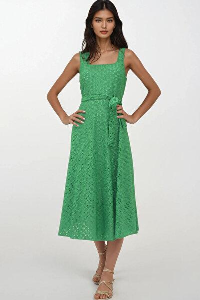 VAGGON Women's Green Square Neck Strap Lined Maxi Length Fisto Dress Prmx14180