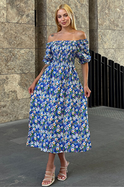 VAGGON Γυναικείο φόρεμα με μπλε λουλουδάτο σχέδιο με γιακά Madonna με ραμμένο σμόκ Vs00368