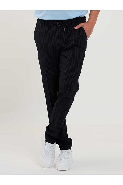 Dufy Navy Blue Men's Slim Fit Striped Jogger Trousers - 104465
