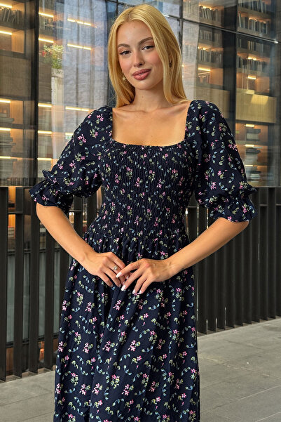 VAGGON Γυναικείο φόρεμα με μπλε ναυτικό σχέδιο με λουλούδια με γιακά Madonna με ραμμένο σμόκ Vs00368