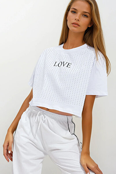 VAGGON Γυναικείο λευκό μπλουζάκι με λαιμόκοψη Love Printed Stone Crop Prmx11967
