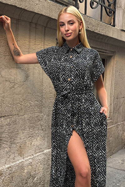 VAGGON Γυναικείο μίντι φόρεμα με μαύρο σχέδιο με ζώνη και κουμπιά με γιακά πουκάμισο Vs00369