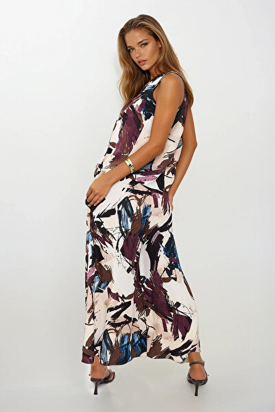 VAGGON Women's Ecru Brown Waist Tied Double Pocket Pants and Blouse Set Vs00367