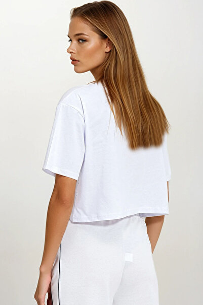 VAGGON Γυναικείο λευκό μπλουζάκι με λαιμόκοψη Love Printed Stone Crop Prmx11967