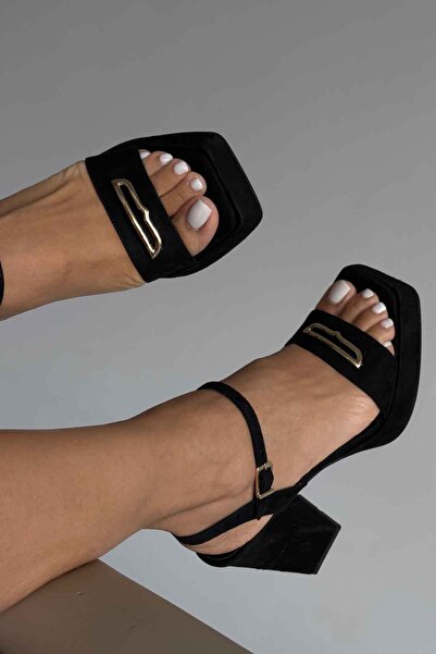 AYAKKABI PRENSİ Demi Aksesuar Detaylı SİYAH Süet Platform Kadın Kalın Topuklu Ayakkabı 11cm