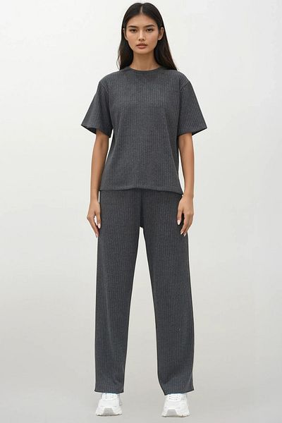 VAGGON Women's Anthracite Cycling Collar Short Sleeve T-Shirt and Pants Set Prmx14069