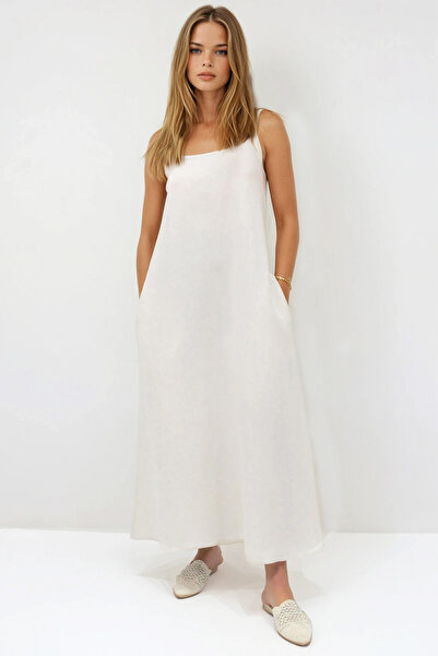 VAGGON Kadın Bej Ayarlanabilir Askılı Desenli Çift Cepli Midi Boy Keten Elbis...