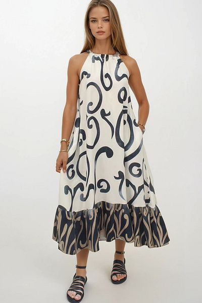 VAGGON Women's Beige Patterned Tie-Up Skirt Mesh Maxi Length Double Pocket Dress Dress Vs00266