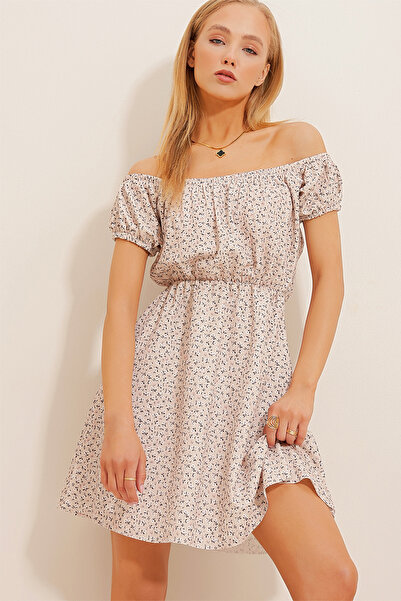 VAGGON Γυναικείο φόρεμα με μπεζ γιακά Μαντούρα με μοτίβο κρινκλ πλεκτό με μανίκια καρπούζι Vgn-X10516