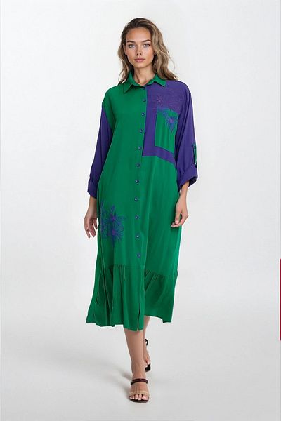 VAGGON Cămașă VERDE pentru femei, cu guler, cu blocuri de culoare, cu broderie florală, rochie de cămașă de mărime mare VS00341