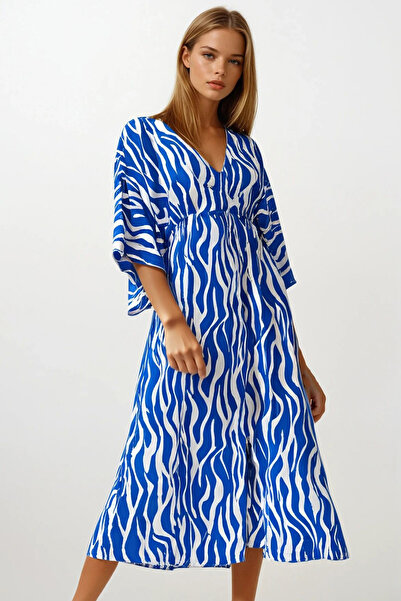 VAGGON Dámské MODRÉ šaty s hlubokým výstřihem do V a rozparkem Midi Length Dress VS00156