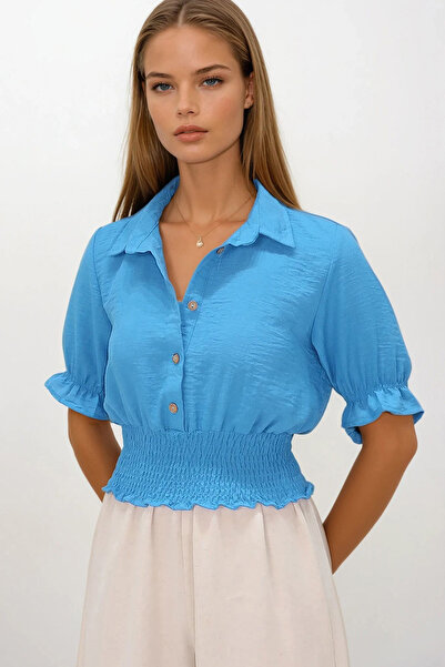 VAGGON Γυναικείο μπλουζάκι με ελαστική μέση με κουμπιά που κλείνει με γιακά π...