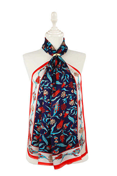 Bursa İpek Eșarfă de mătase albastru ecru cu alun lalele