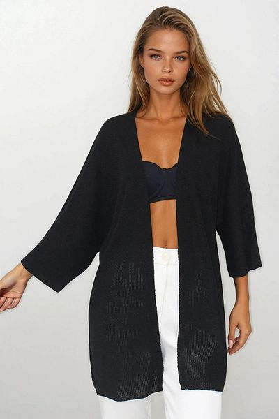 VAGGON Women's Black Oversize Long Knitwear Cardigan Vs00252