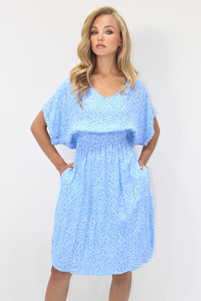 VAGGON Γυναικείο φόρεμα με μπλε V λαιμόκοψη με διπλή τσέπη με μοτίβο μέσης με υφαντό βισκόζη Prmx14201