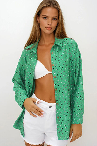 VAGGON Women's Green Patterned Oversize Linen Shirt Vs00218