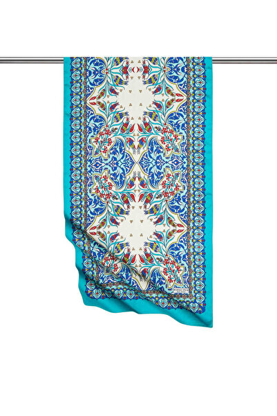 Bursa İpek Saks Yeşil Çini Lale Desen Dar İpeksi Fular