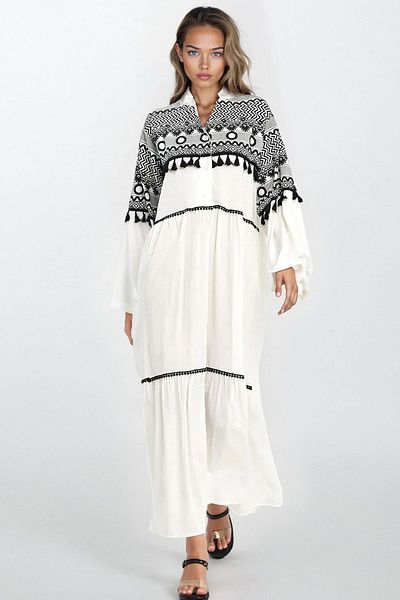 VAGGON Women's White Button Front Sleeve Elastic Viscose Dress Vs00295