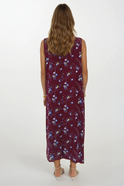 VAGGON Women's Burgundy Accessory Detailed Patterned Maxi Size Double Pocket Dress Dress Vs00267