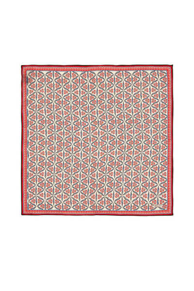 Bursa İpek Ekru Kırmızı Çintemani Desen İpek Mendil