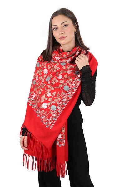 Bursa İpek Red Embroidered Winter Shawl